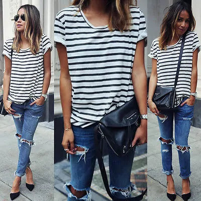 Women Short Sleeve Loose Summer Striped Top