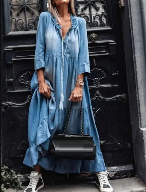 Womens - Boho hippie chic blue maxi dress