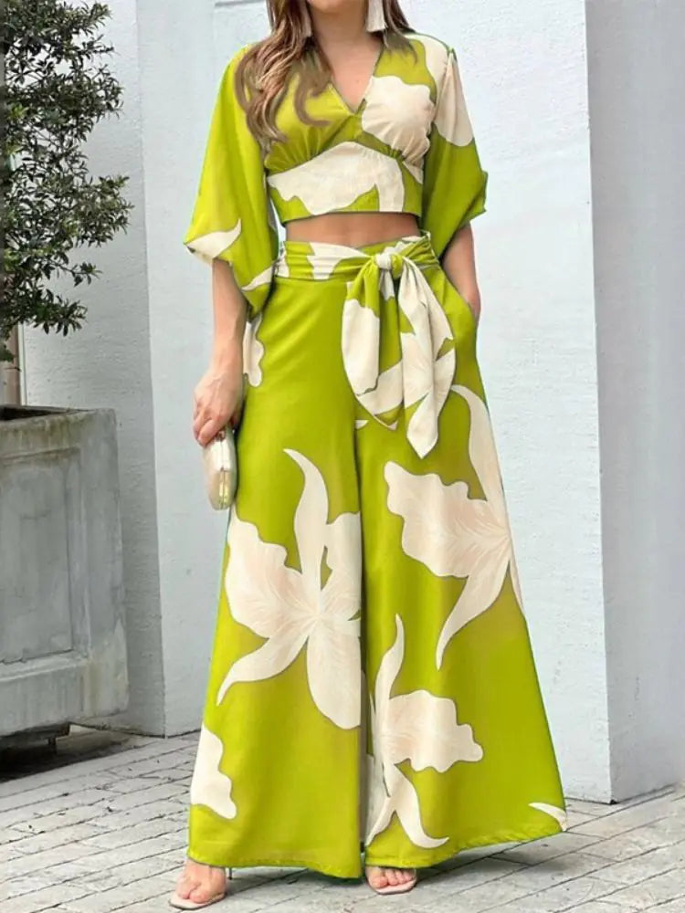 Women's - Summer Elegant Lapel Tie Leaf Print Dress