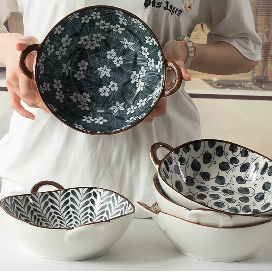 Japanese Soup Bowl With Handle Ceramic Salad Bowl Microwave Oven  Kitchen Tableware Noodle Bowl