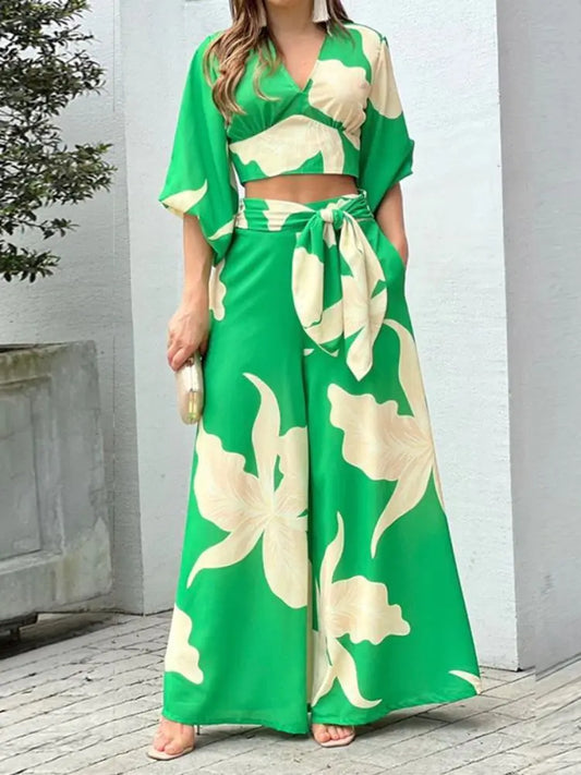 Women's - Summer Elegant Lapel Tie Leaf Print Dress