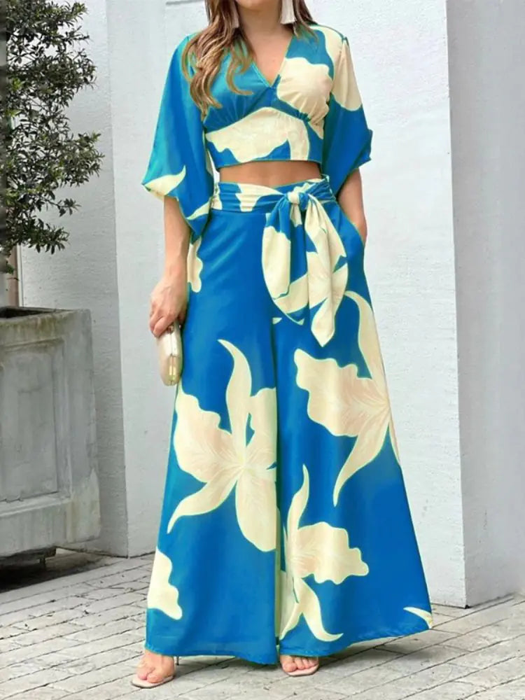 Women's - Summer Elegant Lapel Tie Leaf Print Dress