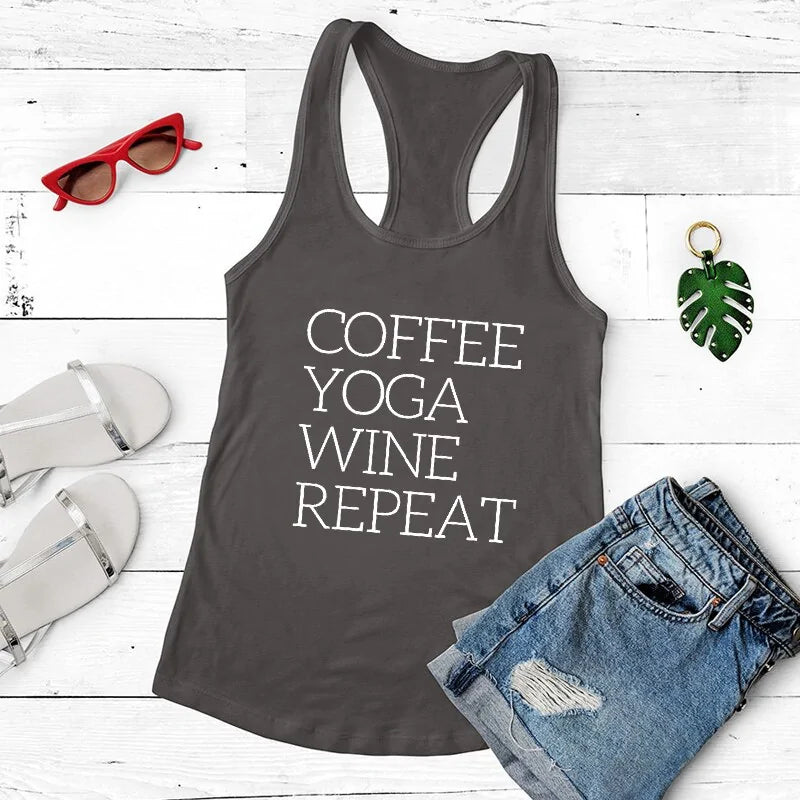 Womens Clothing - Coffee & Yoga Racerback Tank for Gym and Summer Workouts