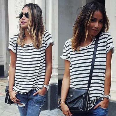 Women Short Sleeve Loose Summer Striped Top