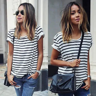 Women Short Sleeve Loose Summer Striped Top