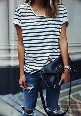 Women Short Sleeve Loose Summer Striped Top